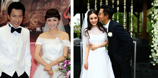 Nữ diễn viên “Mỹ nhân tâm kế” chọn 2 kiểu váy cưới với cách trang điểm, kiểu tóc khá đối lập: tươi trẻ với chiếc váy cưới trắng trễ vai, tóc để mái ngang, bới cao cùng nơ cài tóc và duyên dáng trong chiếc váy cưới nhiều tầng kết hợp khăn choàng cổ điển, tóc buông dài đơn giản nhưng không kém phần quyến rũ.