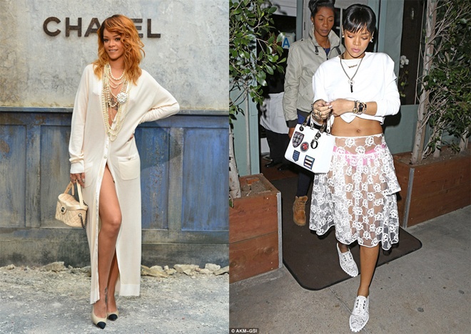 Tuy nhiên, khó có tín đồ thời trang nào dám diện xuyên thấu với nội y táo bạo như Rihanna.