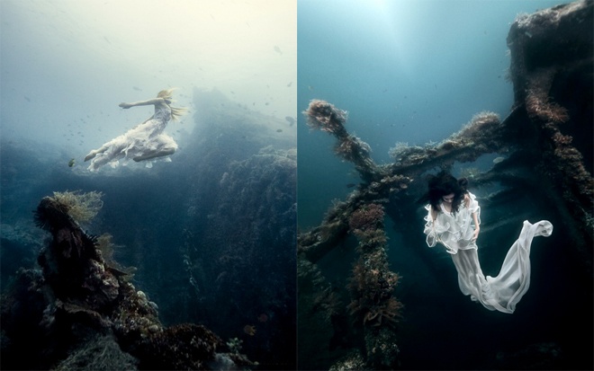  Sự hy sinh vì nghề của người mẫu cũng rất đáng được hoanh nghên, khi 2 cô gái xinh đẹp đều chấp nhận tạo dáng ở đáy biển ghê rợn, âm u và ẩn chứa nhiều mối nguy rất khó lường.