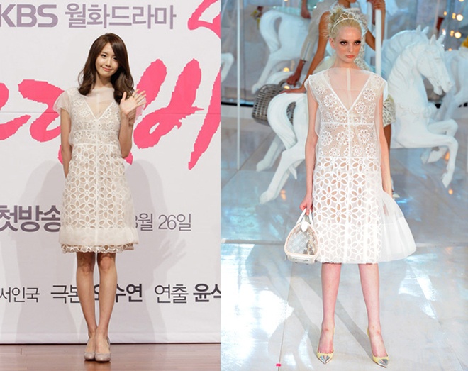 Cô nàng nhanh chóng bắt kịp các trào lưu thời trang mới nhất, từ váy xuyên thấu chấm bi dịu dàng đến áo ren trắng mát dịu của Claudie Pierlot và Louis Vuition.  