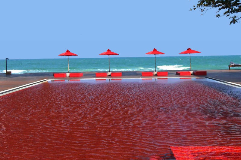 Library ở Thái Lan sở hữu một bể bơi độc đáo với gạch lát màu đỏ máu tạo hiệu ứng hình ảnh tương phản với màu xanh của biển cả.