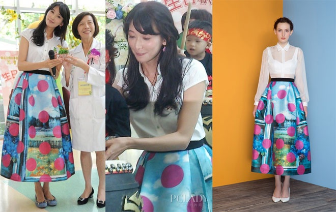 Trong khi đó, cũng giống như Phạm Băng Băng, chân dài đình đám xứ đài Lâm Chí Linh xem ra cũng rất yêu thích các thiết kế ngọt ngào, quyến rũ của Christopher Bu.