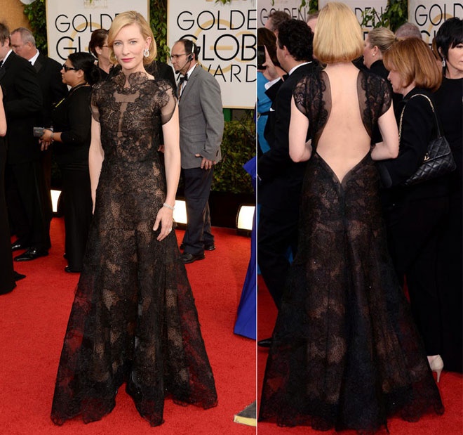 Kết hợp bí quyết quyến rũ giữa ren và cut-out, mẫu váy Armani Prive sang trọng của Cate Blanchett  chứng tỏ xu hướng hút ánh nhìn bằng những khoảng hở ngọt ngào phía sau lưng vẫn chưa có điểm dừng trong làng giải trí thế giới.