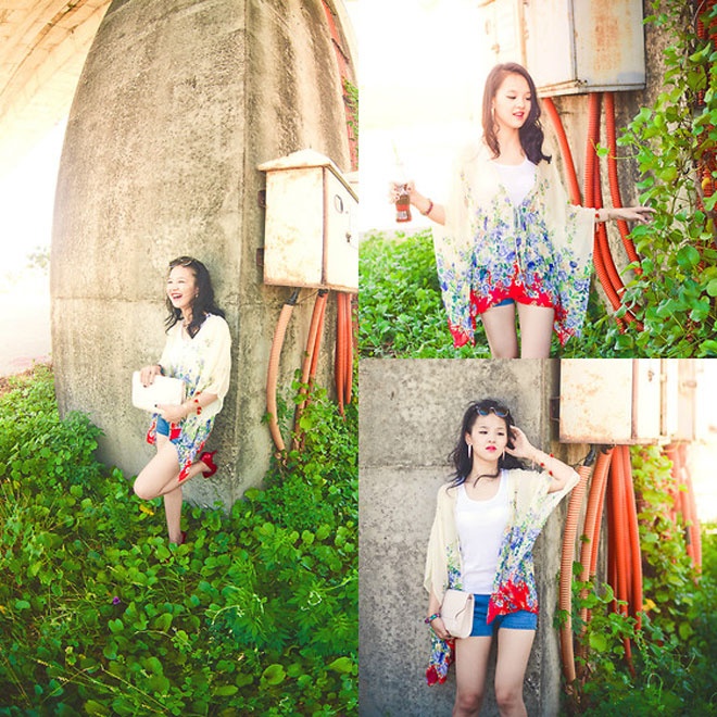 Kết hợp áo khoác kimono đang rất “hot” trong hè này, Kieu A thật nổi bật và duyên dáng giữa thiên nhiên.