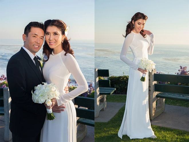 Từ hoa cài đầu cho đến áo dài lễ, Ngọc Quyên đều rất trung thành với gam màu trắng tinh khiết.