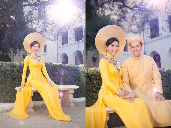 Là người đẹp sành điệu của làng giải trí Việt, nên trong ngày trọng đại, Ngọc Quyên đều ưu ái cho các thiết kế có thương hiệu lớn trong nước. Áo dài được người đẹp chọn mặc vào ngày cưới đều là mẫu yêu thích của NTK Thuận Việt và Đinh Anh Thơ.