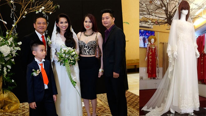 Trong khi đó, mẫu áo dài trắng thanh lịch, được may trên chất liệu voan và ren, kết hợp voan đội đầu dài tha thướt đang rất thịnh hành trong mùa cưới năm nay góp phần không nhỏ trong việc tăng thêm nét đẹp kiều diễm, thướt tha cho Kim Hiền trong tiệc thành hôn được tổ chức tại Mỹ.