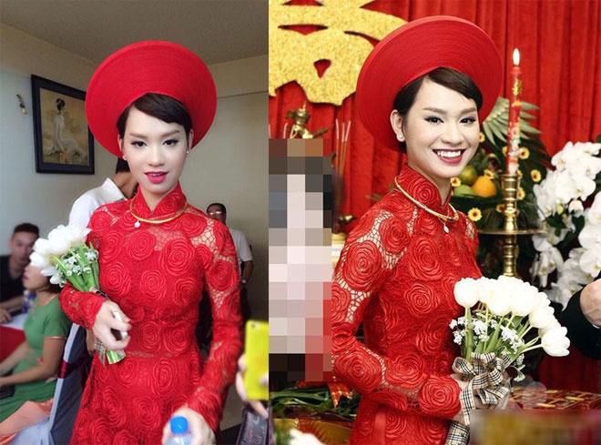 Màu sắc, họa tiết ren và hoa cầm tay dường như không “ăn nhập” lắm với phong cách năng động, hiện đại của Trà My.