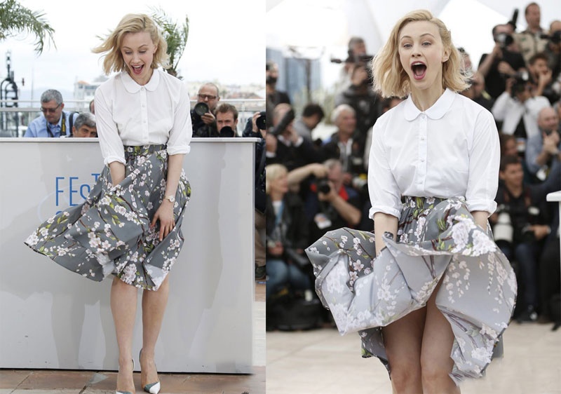 Chiếc váy hoa sang trọng họa tiết hoa anh đào đặc trưng của Dolce & Gabbana đã mang đến những giây phút thót tim cho nữ diễn viên Sarah Garton tại Liên hoan phim Cannes 2014.