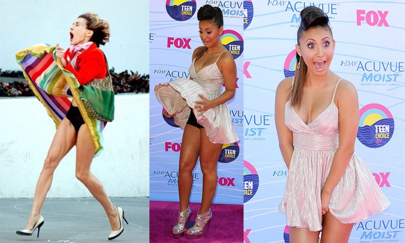 Biểu cảm “khó đỡ” của ngôi sao “Sex and the city” Sarah Jessica Parker và nữ diễn viên trẻ Francia Raisa khi bị gió quấy rầy váy áo.