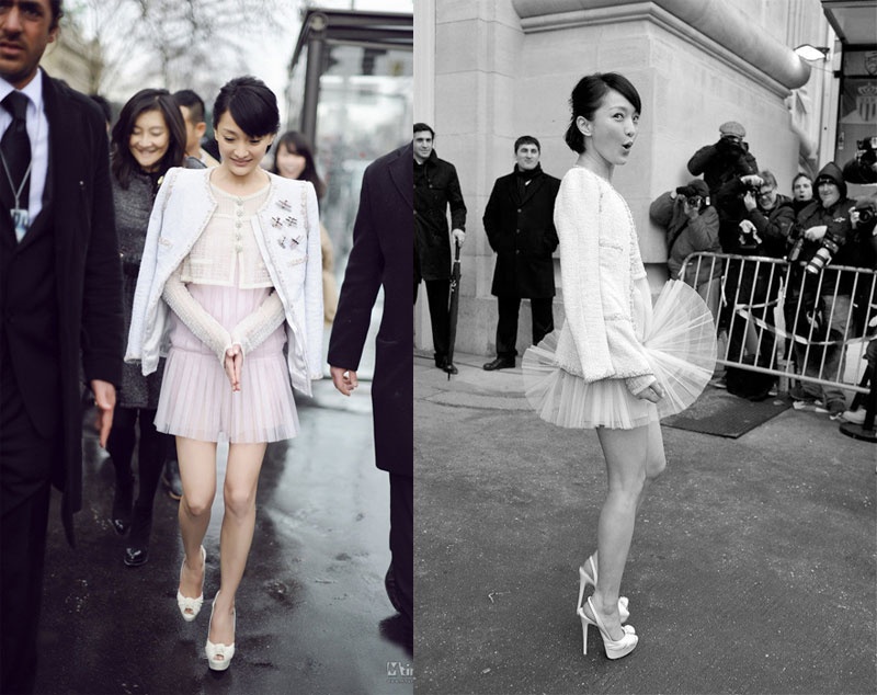 Chiếc váy chất liệu voan mỏng tinh tế, nhẹ nhàng của Châu Tấn cũng có lúc khiến Hoa đán phải một phen luống cuống vì sợ lộ hàng trong gió.