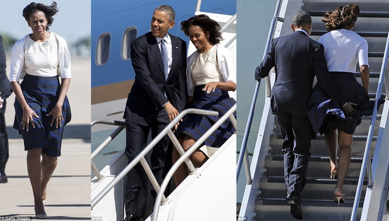 Một tình huống đầy nguy hiểm khi diện váy xòe của phu nhân tổng thống Obama.