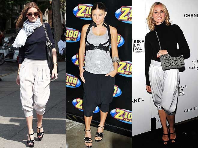 4. Quần Harem. Lấy cảm hứng từ chiếc quần nổi tiếng của nhân vật Aladdin trong bộ truyện Nghìn lẻ một đêm, những chiếc quần đáy thụng Harem một thời làm mưa làm gió trong làng sao Hollywood.