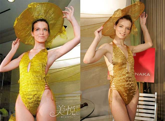 Không chỉ có váy áo, Ginza Tanaka còn khiến khán giả phải lóa mắt khi dùng vàng để dệt cả nón rộng vành mùa hè như thế này.