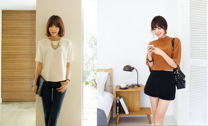 Các kiểu áo suông, phom rộng và không nhấn vào vòng 2 là lựa chọn khả thi cho những nàng có dáng quả táo còn e ngại để lộ vòng eo bánh mì khi dạo phố.
