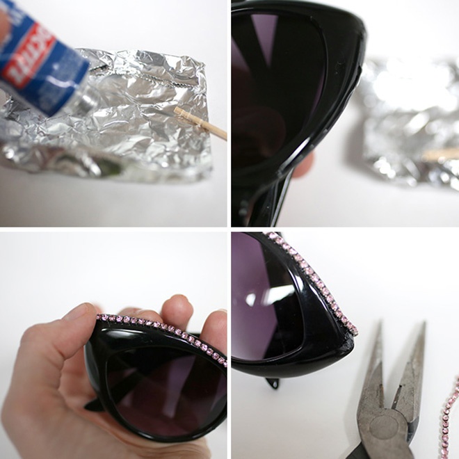 Để bắt tay vào việc, bạn cho 1 ít keo lên giấy bạc, dùng tăm thoa đều keo lên phía ngoài gọng kính, sau đó dán dây đá crystal màu hồng lên theo mép kính, rồi dùng kềm cắt phần dây thừa.