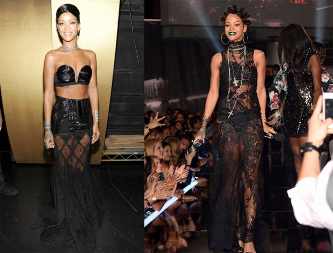 Vốn tập trung xây dựng hình ảnh theo hướng gợi cảm, quyến rũ và cá tính, nên trên sân khấu hay tại các sự kiện đình đám, Rihanna vẫn chọn trang phục khoe nội y làm điểm nhấn cho phong cách sành điệu của mình.