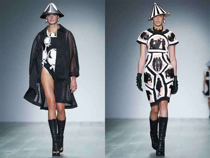 Cùng tông với màu sắc và phong cách thiết kế trang phục, những chiếc nón chóp nhọn giống y khuôn nón lá Việt Nam được cách điệu với nhiều hoa văn tinh tế, trang nhã.