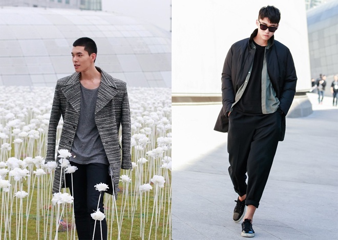 Mẫu nam Han Seung Soo, Lee Ui Soo thể hiện vẻ đẹp nam tính bằng 2 phong cách khác biệt: vest dài lịch lãm đối lập áo khoác da phong trần và quần thụng lạ mắt.
