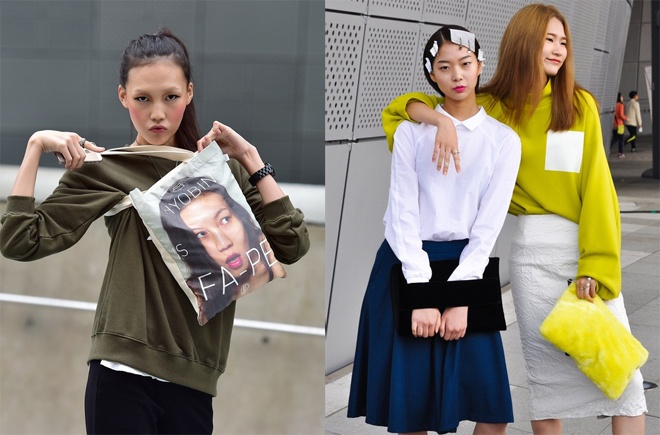 Các kiểu túi xách bản to in họa tiết, in chữ, clutch rực rỡ cũng tràn ngập đường phố Seoul.