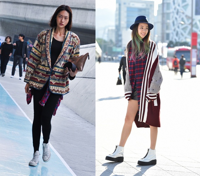 Có rất nhiều gợi ý cho các kiểu mốt sành điệu trong thu này từ đường phố Seoul, đơn cử như những chiếc áo khoác over size có phom dáng chuẩn, kết hợp đường may tinh tế, hoa văn và chất liệu vải khác lạ như thế này.