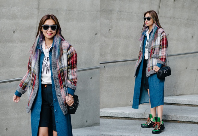 Áo khoác dáng dài chất liệu denim mix layer cùng áo kẻ ca rô over size mang đến vẻ đẹp cá tính, hiện đại cho những models trẻ tuổi xứ Hàn, thể hiện sự sáng tạo trong việc vận dụng và làm mới các kiểu chất liệu cũ: sọc ca rô, denim …