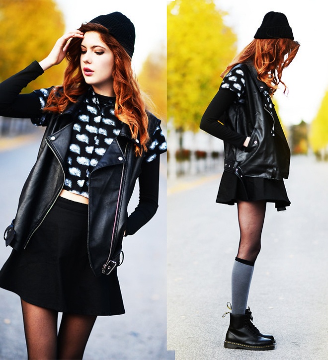 Hoặc có thể kết hợp crop top với áo khoác da, váy ngắn, vớ len dày, mũ len để vừa ấm áp vừa là quý cô mùa đông sành điệu.