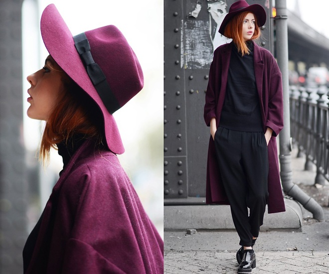 Kết hợp với các phụ kiện hợp thời trang trong mùa này như mũ Fedora cùng gam màu mận chín, Ebba đã chinh phục mọi ánh nhìn với phong cách thật cá tính và hiện đại.