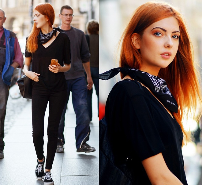 8. Kết hợp đồ đông với khăn choàng bản nhỏ. Những set đồ đông đơn giản, phối “ton sur ton” gam tối sẽ trở nên rực rỡ và tràn năng lượng chỉ với 1 chiếc khăn choàng bản nhỏ, được buộc duyên dáng, hờ hững nơi cổ xinh của bạn.