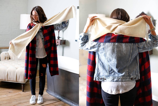 Kéo phần khăn trơn màu ra phía trước ngực rồi nắm 2 đầu khăn choàng ngược lại phía sau vai. Cũng nên chọn các kiểu khăn đơn sắc có tua rua để tăng thêm nét sinh động và duyên dáng cho set đồng street style mùa đông. 