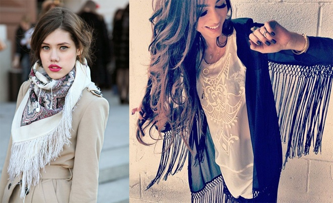 Mùa thu đông năm nay chứng kiến sự trỗi dậy của những sợi dây tua rua đủ màu sắc, kiểu dáng, chất liệu…, trên mọi loại trang phục đông như khăn choàng, giỏ xách, áo khoác, áo len …
