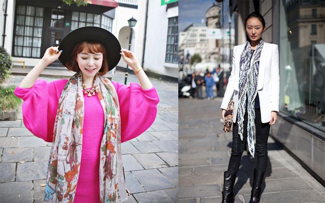 1. Thả khăn theo vạt áo. Một trong những cách thắt khăn choàng phổ biến, đơn giản nhất là choàng chiếc khăn dài qua cổ, để 2 vạt khăn buông hờ cùng váy áo.