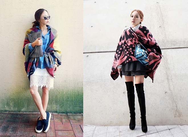 Các fashionista Châu Á còn sáng tạo khả năng mix, match khăn và phụ kiện, chẳng hạn choàng khăn qua vai và dùng dây nịt bản nhỏ thắt ngang eo hoặc nối 2 vạt khăn trên vai để tạo thành 1 kiểu áo khoác “khó đụng hàng”.