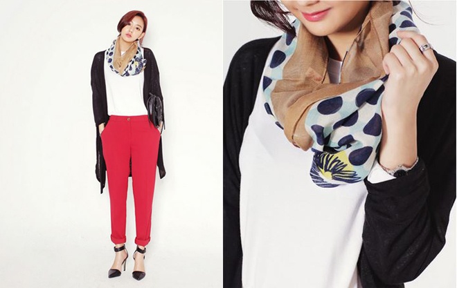 5. Thả khăn vòng qua cổ. Căng thẳng chiếc khăn lụa cỡ vừa, xoắn phần giữa chiếc khăn, choàng qua cổ sau đó thắt nút phía sau và giấu phần nút thắt vào trong, bạn đã có ngay một kiểu khăn choàng ngày đông thật phong cách và sành điệu.