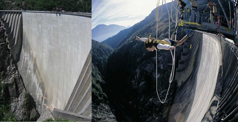 7. Đập Verzasca, Thụy Sĩ: Nằm trên dòng sông Verzasca ở Ticino với độ cao 220m, đập Verzasca (hay còn gọi là đập Contra) trở thành điểm nhảy bungee thu hút rất nhiều khách từ sau cảnh nhảy xuống của Jame Bond trong bộ phim 