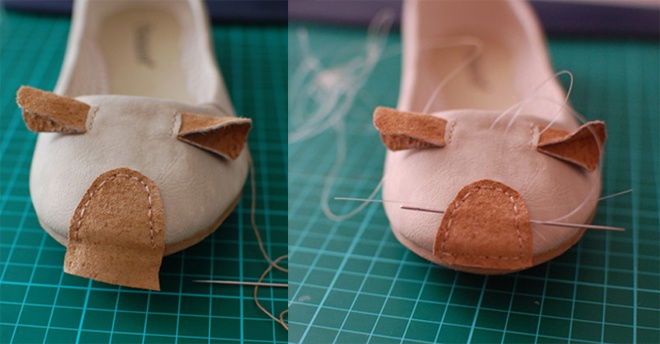 Cắt 1 miếng vải da theo hình mũi giày, ráp lên bề mặt đôi giày và may lại tạo thành hình mõm chuột. Sau đó lấy kim luồn sợi cước qua phần mõm chuột để tạo nên các sợi ria mép thật xinh xắn.