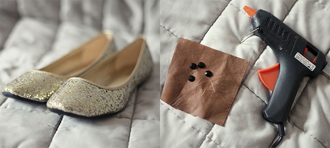 Cách 1. Nếu đang sở hữu 1 đôi giày sequin đơn sắc, đơn điệu và muốn thêm chút “hoa lá cành” cho chúng thật sinh động, tươi mới trong Giáng Sinh và xuân sắp đến, bạn hãy sưu tầm thêm vài hạt nút nhỏ màu đen, 1 miếng vải da màu nâu, 1 cây bút lông đen, 1 cây súng bắn keo và 1 cây kéo. 