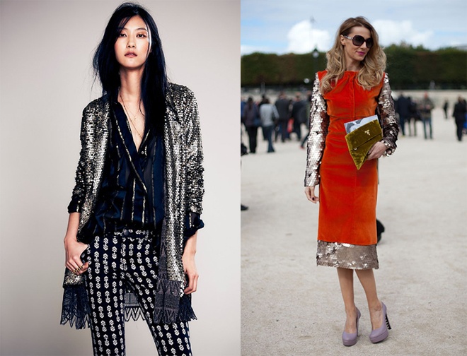 Cách kết hợp sequin và họa tiết, sequin cùng váy jeans nhung sẽ cho ra những set đồ công sở không đụng hàng, và thường rất được lòng những cô nàng năng động, cá tính mạnh.