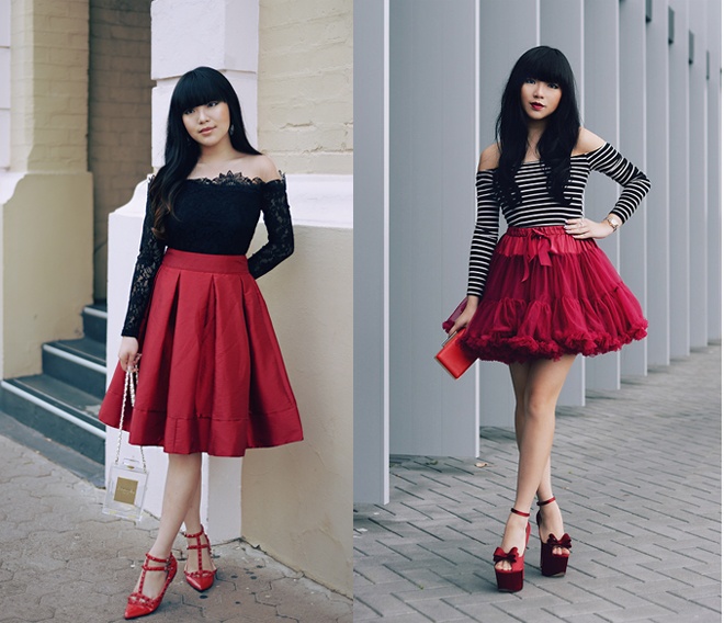 Kết hợp váy đỏ và áo dài tay màu đen, bạn cũng sẽ sở hữu được những kiểu trang phục dự tiệc trẻ trung, cá tính.