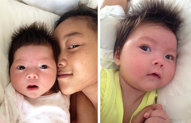 2. Bé Sol, con gái Đoan Trang. Đầu tháng 5/2014, nhân dịp đầy tháng con gái đầu lòng, nữ ca sĩ Chocolate đã chia sẻ trên trang cá nhân hình ảnh đầu tiên về thiên thần nhỏ của mình. 