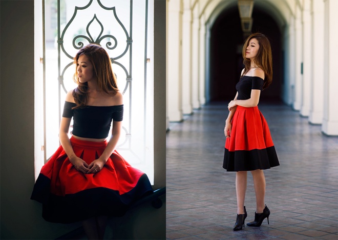 Hay tận dụng sự đối lập giữa đỏ và đen để thật quyến rũ và tỏa sáng giữa không gian đêm tiệc.