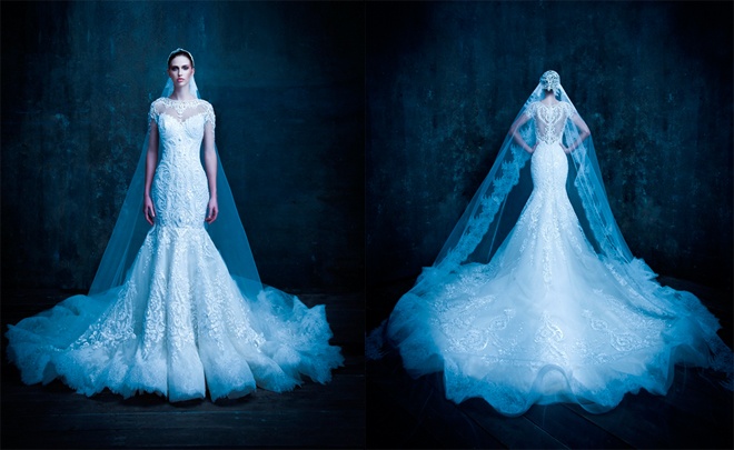 Một vài mẫu váy cưới trắng trong suốt trang trí hoa 3D làm say đắm lòng người của Micheal Cinco.