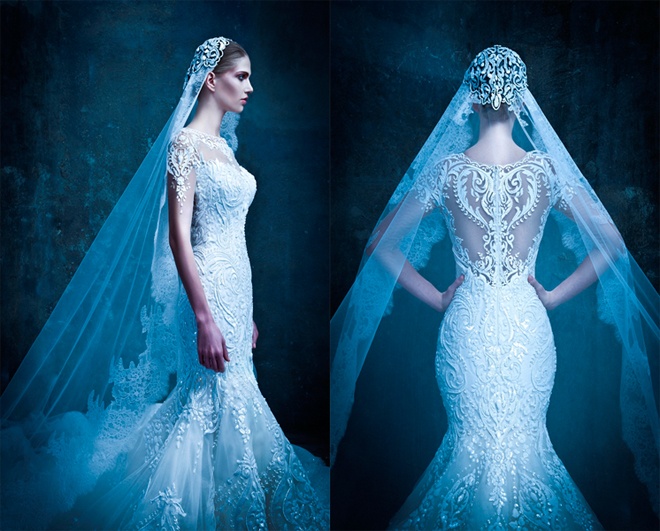 Ngoài hoa mai hay hoa hồng, các mẫu hoa văn dập nổi vương giả truyền thống của Ả Rập hay họa tiết cây lá uyển chuyển cũng rất được ưu ái trong xu hướng váy cưới 2015.