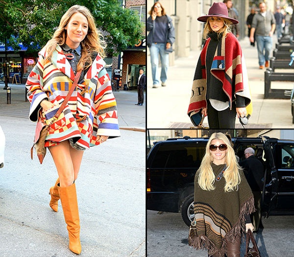 2. Áo khoác Ponchos: Kiểu dáng đơn giản nhưng linh hoạt khi kết hợp với nhiều phong cách khiến chiếc áo trở thành item không thể thiếu của các sao Hollywood. Áo khoác ponchos thường được kết hợp với bốt cổ cao ngang gối, quần jeans mỏng ôm sát hay một chiếc túi xách to bản.