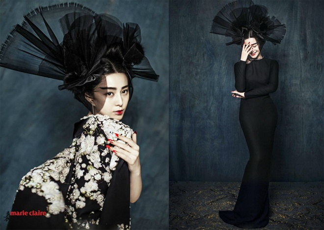 Trong khi đó, những sắc màu đen tuyền từ phụ kiện nơ tóc độc đáo cho đến chiếc váy đuôi cá ren xuyên thấu và màu đỏ của môi son, của kiểu nail được chăm chút cẩn thận, nữ hoàng hàng hiệu CBiz đã tạo nên khuôn hình hấp dẫn cho Marie Claire, một trong những tạp chí thời trang nổi tiếng thế giới.