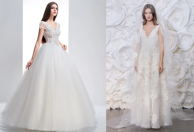 Dáng quả táo. Nếu sở hữu vòng 1 lớn hơn vòng 3, thân trên to ngang, hẹp dần xuống hông, bạn nên chọn các loại váy cưới cổ chữ V để tạo cảm giác thanh mảnh cho phần thân trên.