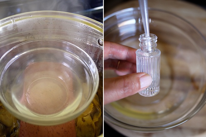 Bước 6. Tắt bếp khi mùi hoa hồng bắt đầu lan tỏa trong không khí, thường là khoảng sau 30 phút đun sôi. Để nước hoa hồng nguội, rồi dùng 1 ống bơm nhỏ cho lượng nước này vào bình nước hoa cũ. Nếu muốn có thêm mùi thơm, bạn có thể cho vài giọt tinh dầu hoa oải hương, hoa bưởi … tùy sở thích.