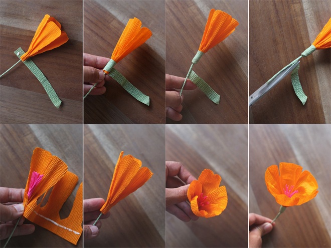 Quấn phần giấy này vào cành cây đã có sẵn nhụy hồng, rồi lặp lại các bước tương tự như với hoa cúc.