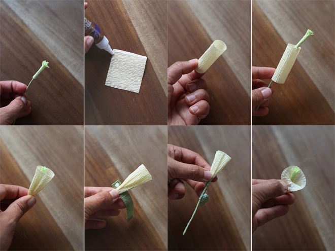 Với hoa loa kèn, bạn chỉ quấn tờ giấy thành hình tròn, cho vào phần cành và nhụy hoa xanh nhạt có sẵn rồi quấn phần đài hoa lại.