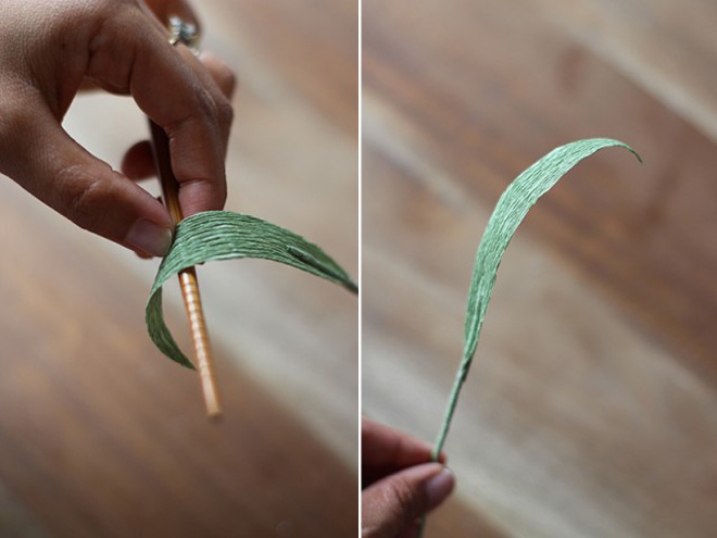 Lấy khuôn lá bằng đã cắt sẵn đặt lên phần giấy xếp màu xanh, vẽ và cắt theo khuôn. Dùng keo dán vào cành và lấy đũa uốn cong để tạo nét đẹp tự nhiên cho lá.